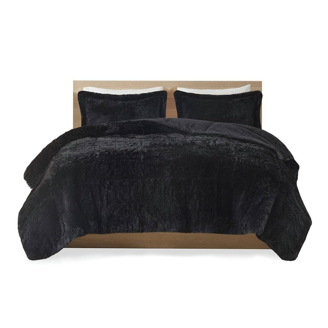 Black Soft Sherpa Faux Fur 3-Piece Comforter Set with Pillow Shams